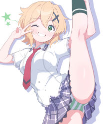 Rule 34 | 1girl, absurdres, akatsuki kirika, blonde hair, blush, breasts, gmkz kawaii, green eyes, green panties, green socks, grey skirt, hair between eyes, highres, kneepits, looking at viewer, medium breasts, necktie, open mouth, panties, pantyshot, red necktie, school uniform, senki zesshou symphogear, shirt, short hair, simple background, skirt, smile, socks, solo, split, standing, standing on one leg, standing split, striped clothes, striped panties, teeth, underwear, v, white background, white shirt