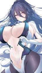Rule 34 | 1girl, azur lane, blue hair, bodysuit, breasts, gloves, hair between eyes, highres, huge breasts, kansas (azur lane), long hair, long hair between eyes, looking at viewer, mikuchi3939, mole, mole under eye, navel, pink eyes, simple background, solo, stomach, very long hair, white background, white gloves