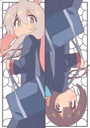 Rule 34 | 2girls, absurdres, ahoge, bag, bambi2000line, black jacket, black skirt, blue hair, blush stickers, brown eyes, brown hair, column lineup, commentary, hair between eyes, highres, holding strap, hozuki momiji, jacket, light blush, long hair, long sleeves, looking at viewer, multicolored hair, multiple girls, onii-chan wa oshimai!, oyama mahiro, pink hair, ponytail, school bag, school uniform, short hair, short ponytail, skirt, two-tone hair