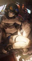 Rule 34 | 1girl, absurdres, arknights, bandeau, barefoot, black bandeau, black hair, black tube top, blue eyes, breasts, cleavage, commentary request, dirty, dirty face, eunectes (arknights), eyewear on head, goggles, goggles on head, highres, large breasts, looking at viewer, navel, one eye closed, pointy ears, short hair, skindentation, snake girl, snake tail, solo, songchuan li, stomach, strapless, tail, thighs, toenails, toes, tube top