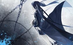 Rule 34 | 1girl, absurdres, black coat, black hair, black rock shooter, black rock shooter (character), black shoes, black shorts, boots, bound, bound wrists, chain, coat, commentary, facing away, floating clothes, floating hair, from behind, gradient background, highres, hood, hood down, knee boots, kneepits, long hair, long sleeves, parted lips, puffy long sleeves, puffy sleeves, shoes, shorts, solo, standing, star (symbol), star print, symbol-only commentary, tlseone, twintails, uneven twintails, very long hair
