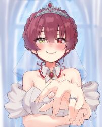 1girl alternate_costume alternate_hairstyle arm_under_breasts bare_shoulders blurry blurry_background blush breasts cleavage commentary_request dress fukuroekaki heterochromia highres hololive houshou_marine indoors jewelry large_breasts parted_lips pink_lips red_eyes red_hair ring smile tears teeth tiara upper_body virtual_youtuber wedding_dress wedding_ring white_dress yellow_eyes