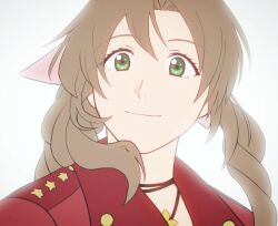 1girl aerith_gainsborough ameiro0814 braid braided_ponytail choker closed_mouth final_fantasy final_fantasy_vii final_fantasy_vii_rebirth final_fantasy_vii_remake flower_choker green_eyes hair_between_eyes hair_ribbon jacket looking_at_viewer parted_bangs pink_ribbon red_jacket ribbon sidelocks single_braid smile solo studded_jacket upper_body wavy_hair white_background