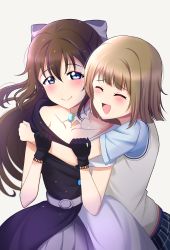 2girls absurdres aqua_eyes aqua_shirt artist_name artist_request back_bow bare_shoulders belt black_dress black_gloves black_skirt blue_eyes blush bow bow_hairband breasts brooch brown_hair buttons choker closed_eyes collarbone diamond_(gemstone) dress earrings evening_gown female_focus floating_earring floating_hair gloves grey_belt grey_bow grey_hair grey_skirt hair_between_eyes hair_bow hairband half_updo hand_on_arm high_ponytail highres hug jewelry lace lace_gloves light_brown_hair long_hair looking_at_viewer love_live! love_live!_nijigasaki_high_school_idol_club love_live!_school_idol_festival miniskirt multicolored_dress multiple_girls nakasu_kasumi nijigasaki_school_uniform off-shoulder_dress off_shoulder osaka_shizuku parted_lips pink_eyes plaid_clothes plaid_dress plaid_skirt pleated pleated_dress pleated_skirt ponytail school_uniform shirt short_hair skirt sleeveless sleeveless_dress smile solitude_rain_(love_live!) two-tone_dress vest wavy_hair white_bow white_choker white_dress white_skirt yellow_vest