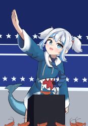 1girl absurdres ahodeyaro arm_up blue_eyes blue_hair blue_hoodie blue_necktie commentary ebi-chan_(gawr_gura) elon_musk fins fish_tail gawr_gura gawr_gura_(1st_costume) grey_hair hair_ornament highres hololive hololive_english hood hoodie looking_at_viewer meme multicolored_hair necktie open_mouth salute shark_girl shark_hair_ornament shark_tail sharp_teeth shrimp solo straight-arm_salute streaked_hair striped_necktie symbol-only_commentary tail teeth twintails virtual_youtuber