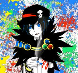 Rule 34 | 1boy, argyle clothes, argyle shirt, black hair, black hat, blue eyes, blue nails, cigarette, commentary request, fingernails, fur collar, hair between eyes, hat, hat ornament, high contrast, holding, holding cigarette, looking at viewer, male focus, meiko (nattu303), newsboy cap, open mouth, paint splatter, ragnarok online, shirt, short hair, skull hat ornament, solo, sorcerer (ragnarok online), upper body, white shirt