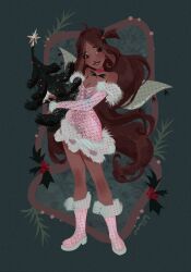 adapted_costume ahoge asymmetrical_dress bare_shoulders boots breasts brown_hair christmas christmas_tree cleavage commentary dark-skinned_female dark_skin detached_sleeves dress earrings english_commentary fairy flora_(winx_club) fur-trimmed_boots fur-trimmed_dress fur-trimmed_sleeves fur_trim green_background green_eyes hair_ornament highres holding_tree holly_hair_ornament jewelry light_blush lipstick long_hair magical_girl makeup one_side_up open_mouth pink_boots pink_dress pink_sleeves red_lips short_dress signature smile sphere_earrings standing stardust_axel strapless strapless_dress teeth very_long_hair winx_club