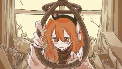 1girl a.i._voice adachi_rei broken_window brown_background chest_of_drawers closed_mouth commentary_request crumpled_paper gloves haikei_(vocaloid) hair_ribbon halo hands_up headlamp holding holding_rope indoors jacket long_sleeves looking_at_viewer medium_hair messy_room monochrome_background noose one_side_up open_clothes open_jacket orange_eyes orange_hair ribbon rope rope_around_neck rope_halo shiroi_(shirooi_0002) smile solo tape trash_bag trash_can upper_body utau white_gloves white_jacket white_ribbon