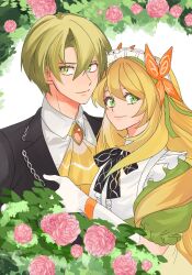 Rule 34 | 1boy, 1girl, alfred (fire emblem), black bow, black bowtie, blonde hair, bow, bowtie, brother and sister, butterfly hair ornament, celine (blissful tea party) (fire emblem), celine (fire emblem), dress, dress bow, fire emblem, fire emblem engage, fire emblem heroes, green dress, green eyes, green ribbon, hair ornament, headdress, highres, maid, maid headdress, nintendo, ribbon, siblings, tongaritogari00, yellow dress