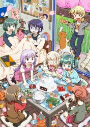 6+girls absurdres alarm_clock baking braid cake cat cherry_blossoms clock collared_shirt commentary crying double_bun dress dried_fish food fruit glasses hair_bun hair_ornament hands_on_table hidamari_sketch highres hiro_(hidamari_sketch) juice matsuri_(hidamari_sketch) miyako_(hidamari_sketch) multiple_girls natsume_(hidamari_sketch) nazuna_(hidamari_sketch) nori_(hidamari_sketch) okai_(pixiv6333) orange_juice pet photo_(object) pinafore_dress rubber_duck sae_(hidamari_sketch) seiza shared_blanket shirt side_braid sitting sketchbook sleeveless sleeveless_dress snack strawberry streaming_tears stuffed_animal stuffed_toy t-shirt tears twintails ume-sensei wariza x_hair_ornament yuno_(hidamari_sketch)
