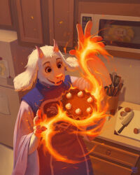 1girl absurdres artist_name cake commentary cupboard deltarune english_commentary eyelashes fire flowey_(undertale) food furry furry_female goat hand_up highres indoors kamikaze_mika knife magic microwave refrigerator robe smile solo spatula toriel undertale