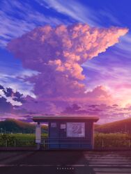 absurdres aeuna building bus_stop bush cloud commentary crosswalk cumulonimbus_cloud dusk english_commentary evening field highres house landscape large_variant_set mountainous_horizon no_humans original pavement power_lines railing road rural scenery sky sunset utility_pole variant_set