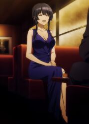 1girl absurdres anime_screenshot black_hair breasts cleavage closed_eyes highres large_breasts smile spy_kyoushitsu stitched thea_(spy_kyoushitsu) third-party_edit