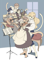 5girls acoustic_guitar animal_ear_fluff animal_ears apron ascot back_bow bench black_dress black_eyes black_hair blonde_hair blue_shoes blue_skirt boots bow bow_(music) braid braided_bun breasts brown_boots brown_hair cat_ears cat_girl cat_tail closed_eyes closed_mouth collared_dress dark-skinned_female dark_skin dress edoya_inuhachi facepalm frilled_apron frilled_ascot frills full_body furry grey_dress guitar hair_bun hand_on_own_face hashtag-only_commentary high_heels holding holding_bow_(music) holding_guitar holding_instrument holding_violin indoors instrument large_breasts long_dress long_hair looking_at_object maid medium_breasts mouse_ears mouse_girl multiple_girls music music_stand open_mouth original pawpads pencil_skirt playing_guitar playing_instrument saxophone sheet_music shirt shoes short_hair sitting skirt small_sweatdrop snout standing stool tail tail_raised teaching victorian_maid violin wavy_hair white_apron white_ascot white_bow white_hair white_shirt window wooden_bench