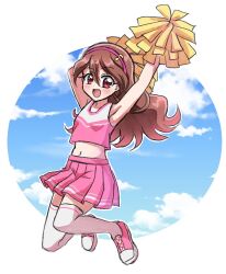 Rule 34 | 1girl, :d, arm behind head, arm up, armpits, bare arms, blue sky, brown hair, cloud, fortissimo, full body, hair between eyes, hair ornament, hairband, hakuchuu, jumping, kimi to idol precure, long hair, looking at viewer, midriff, miniskirt, musical note, musical note hair ornament, navel, open mouth, outline, pink hairband, pink shoes, pink skirt, pink tank top, pink trim, pleated skirt, pom pom (cheerleading), precure, red eyes, sakura uta (precure), shoes, skirt, sky, smile, solo, stomach, tank top, thighhighs, white outline, white thighhighs, white trim, zettai ryouiki