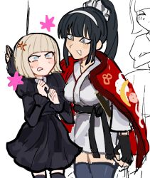 2girls belt black_belt black_dress black_gloves black_hair blonde_hair blue_eyes blush bob_cut collarbone dress female_focus fingerless_gloves gloves grey_eyes grin hands_up holy_jumonji_sword japanese_clothes kabedon long_hair magadori_kyoshika multiple_girls oosuzuki_kurara open_mouth ponytail simple_background smile the_hundred_line_-last_defense_academy- thighhighs white_background yuri