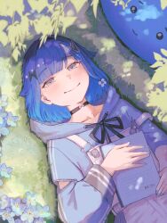 1girl black_choker blue_hair blue_hoodie blue_nails book choker collarbone dappled_sunlight drawstring flower gradient_hair grass grey_eyes hair_flaps highres holding holding_book hood hoodie looking_at_viewer lying medium_hair multicolored_hair on_back on_grass overalls parted_bangs slime_(creature) smile solo strap_slip sunlight tied_drawstring tsubu_(kappunioyu562) tsumugi_kokage upper_body virtual_youtuber vspo! white_overalls