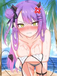 1girl absurdres aresiasitennou beach bent_over bikini black_bikini black_horns black_tail blurry blurry_background breasts commentary_request covering_breasts covering_privates cowboy_shot demon_girl demon_horns demon_tail green_eyes hair_bun highres hololive horns leg_tattoo long_hair medium_breasts multicolored_bikini ocean open_bikini open_clothes palm_tree purple_hair sand solo swimsuit tail tattoo tears tokoyami_towa tree two-tone_bikini virtual_youtuber water wet white_bikini