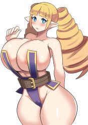 1girl archer_(disgaea) areola_slip bare_shoulders blonde_hair blue_eyes breasts cleavage curvy disgaea drill_hair highleg highleg_leotard highres huge_breasts wide_hips large_areolae leotard long_hair looking_at_viewer pointy_ears revealing_clothes revealing_clothing solo thick_thighs thighs thong_leotard white_background wide_hips ytrall