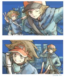 2boys backwards_hat baseball_cap blue_jacket brown_hair building hat hilbert_(pokemon) jacket kaki_jam03 male_focus medium_hair multiple_boys nate_(pokemon) nintendo pokemon pokemon_bw pokemon_bw2 signature skyscraper smile v zipper_pull_tab