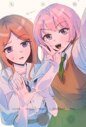 Rule 34 | 2girls, bang dream!, bang dream! it&#039;s mygo!!!!!, bangjinjin82, black ribbon, brown hair, brown sweater vest, chihaya anon, commentary, dress, fang, green necktie, green skirt, grey eyes, hand up, hands up, haneoka school uniform, highres, korean commentary, long hair, multiple girls, nagasaki soyo, neck ribbon, necktie, open mouth, pink hair, pleated skirt, puffy short sleeves, puffy sleeves, ribbon, school uniform, selfie, shirt, short sleeves, sidelocks, simple background, skirt, sweater vest, teeth, upper teeth only, viewfinder, w, white background, white dress, white shirt