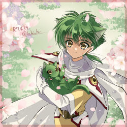 Rule 34 | 1boy, animal, animal ears, animalization, artist name, cat, cat boy, cat ears, cherry blossoms, earrings, ferio (rayearth), gloves, grass, green hair, holding, holding animal, holding cat, jewelry, kemonomimi mode, laki (laki cu), looking at viewer, low ponytail, magic knight rayearth, male focus, person and animalization, ponytail, scarf, solo, split mouth, white gloves, white scarf, yellow eyes