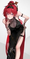 1girl absurdres alternate_costume arm_strap bare_shoulders black_dress black_hairband breasts circle_facial_mark dress fingernails hair_ornament hair_stick hairband highres huinjebi large_breasts leaning_forward long_hair looking_at_viewer mark_under_both_eyes purple_eyes red_hair red_nails solo thigh_strap very_long_hair wuthering_waves yinlin_(wuthering_waves)