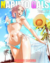 1girl absurdres armpits asymmetrical_bangs beach beach_mat bikini blue_bikini boruto:_naruto_next_generations breasts character_name copyright_name cowboy_shot curvy english_text facial_mark floral_print forehead_mark from_below green_eyes haruno_sakura hat highleg highleg_bikini highres holding holding_behind_back legs_together looking_at_viewer naruto_(series) navel pink_hair ponytail saburo_des shiny_skin short_hair side-tie_bikini_bottom small_breasts smile straw_hat swimsuit teeth thong thong_bikini twitter_username upper_teeth_only wide_hips