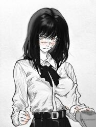 1boy 1girl blush breasts chainsaw_man grabbing_another&#039;s_breast greyscale groping guided_breast_grab guiding_hand harutoyumaarts hetero large_breasts looking_at_viewer monochrome orange_eyes pov pov_hands ringed_eyes scar scar_on_face school_uniform shirt_tucked_in simple_background spot_color upper_body white_background yoru_(chainsaw_man)