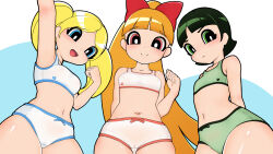 Rule 34 | 3girls, animification, arm up, armpits, arms behind back, artist name, bikini, blonde hair, blossom (ppg), blue eyes, blunt bangs, bob cut, bow, bow bikini, breasts, bubbles (ppg), buttercup (ppg), cartoon network, closed mouth, collarbone, cowboy shot, eyebrows hidden by hair, female focus, green bikini, green eyes, green hair, highres, long hair, looking at viewer, multiple girls, navel, open mouth, orange hair, pink eyes, powerpuff girls, short hair, siblings, sisters, small breasts, smile, swimsuit, twintails, very long hair, white bikini