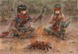Rule 34 | 2boys, animal ears, blue hair, bonfire, cat boy, cat ears, commentary request, fire emblem, fire emblem: path of radiance, food, headband, headdress, holding, holding skewer, ike (fire emblem), indian style, male focus, multiple boys, nature, nintendo, outdoors, ranulf (fire emblem), sckt3b, short hair, sitting, skewer, tail