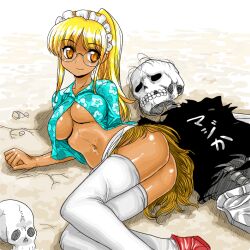 1girl ass blonde_hair blue_shirt breasts closed_mouth collarbone dark-skinned_female dark_skin floral_print floral_print_shirt futaba_channel glasses grass_skirt hawai_(nijiura_maids) hawaiian_shirt long_hair maid_headdress medium_breasts midriff mono_(moiky) navel nijiura_maids orange_eyes ponytail print_shirt red_footwear shiny_skin shirt skeleton skull smile solo thighhighs third-party_source underboob white_thighhighs