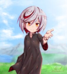 Rule 34 | black dress, blush, dress, highres, looking at viewer, patterned clothing, patterned hair, red eyes, robe, sage (sonic), short hair, smile, sonic (series), sonic frontiers, teeth, thick eyebrows, vadamecox, white hair