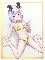1girl arm_behind_back azur_lane bikini blush commentary_request explorer_(azur_lane) flat_chest from_above full_body half-closed_eyes hand_up headgear highres leaning_back light_smile looking_at_viewer looking_up matsunaga_maguro medium_hair navel nervous_smile rigging ship_turret siren_(azur_lane) sitting smile solo spread_legs stomach swimsuit thighs v white_hair yellow_bikini yellow_eyes