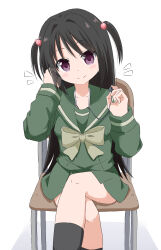 1girl absurdres bad_anatomy bad_leg black_hair black_socks closed_mouth collarbone commission crossed_legs cynical_(llcbluckg_c004) earbuds earphones green_serafuku green_shirt green_skirt hair_bobbles hair_ornament highres hirai_yukari long_hair pixiv_commission purple_eyes removing_earbuds sailor_collar school_uniform serafuku shakugan_no_shana shirt simple_background sitting skirt smile socks solo white_background