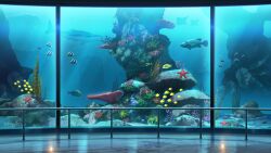aquarium blue_theme blurry coral day depth_of_field fish haze highres moss no_humans non-web_source official_art our_life:_beginnings_and_always railing reflective_floor scenery sea_urchin seaweed starfish underwater water