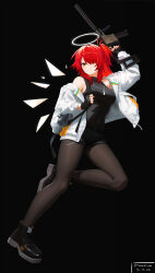 1girl absurdres arknights bare_shoulders belt belt_buckle black_background black_belt black_gloves black_shirt black_shoes black_shorts breasts brown_pantyhose buckle closed_mouth commentary covered_navel dated detached_wings english_commentary exusiai_(arknights) exusiai_the_new_covenant_(arknights) fingerless_gloves full_body gloves gun hair_over_one_eye halo highres holding holding_gun holding_weapon jacket kriss_vector legs long_sleeves looking_at_viewer medium_breasts medium_hair off_shoulder one_eye_covered pantyhose red_hair shirt shoes short_shorts shorts simple_background skin_tight sleeveless sleeveless_shirt smile solo starelium submachine_gun traditional_halo twitter_username weapon white_halo white_jacket wings yellow_eyes