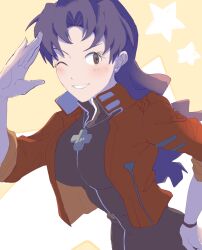 014momen102 1girl black_dress blue_hair blush bracelet breasts brown_eyes commentary cowboy_shot dress eyelashes hand_on_own_hip high_collar highres jacket jewelry katsuragi_misato large_breasts long_hair neon_genesis_evangelion one_eye_closed parted_lips pendant red_jacket smile solo star_(symbol)