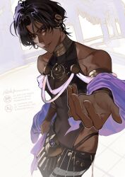 Rule 34 | 1boy, arjuna (fate), arjuna (fgo fes. 2025) (fate), beckoning, black eyes, black hair, cowboy shot, dark-skinned male, dark skin, earrings, fate/grand order, fate (series), gold armlet, halter shirt, halterneck, highres, hoop earrings, jewelry, looking at viewer, necklace, osaki iyo, parted bangs, shawl, sleeveless, solo, wavy hair