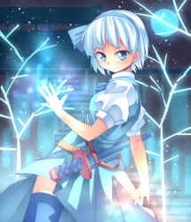 1girl black_hairband black_thighhighs blue_moon blue_theme dress from_behind glowing glowing_hand green_dress grey_hair hairband ikuya@ katana konpaku_youmu light_particles looking_at_viewer looking_back moon puffy_short_sleeves puffy_sleeves scabbard sheath short_hair short_sleeves stairs sword sword_on_back thighhighs touhou weapon weapon_on_back