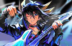 1boy armband black_armband black_choker black_hair black_jacket black_nails black_shirt blue_background blue_eyes choker colored_tips cross cross_earrings earrings electric_guitar electricity facial_mark facing_to_the_side fudo_yusei glowing guitar hair_slicked_back hand_up highres holding holding_guitar holding_instrument holding_plectrum indoors instrument jacket jewelry lanyard leather leather_jacket light_particles lip_piercing looking_to_the_side male_focus multicolored_hair one_eye_closed open_clothes open_jacket outstretched_arm piercing pinching pinching_gesture plectrum popped_collar red_choker rynyan0924 shirt silver_earrings smoke spiked_hair stage stage_lights sweatdrop yu-gi-oh! yu-gi-oh!_5d&#039;s