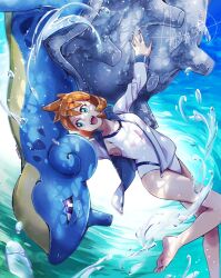 1girl armpits asakihayato bare_arms barefoot breasts competition_swimsuit cowboy_shot feet female_focus gen_1_pokemon green_eyes highres jacket jacket_over_swimsuit lapras legs long_sleeves medium_breasts misty_(pokemon) navel nintendo one-piece_swimsuit open_clothes open_jacket orange_hair pokemon pokemon_hgss revision short_hair smile solo standing swimsuit thighs underwear water white_one-piece_swimsuit