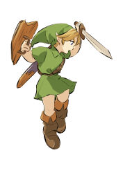 1boy absurdres blonde_hair blue_eyes boots brown_boots commentary_request full_body green_hat green_tunic hat highres holding holding_shield holding_sword holding_weapon link male_focus nintendo panmimi shield simple_background solo sword the_legend_of_zelda the_legend_of_zelda:_ocarina_of_time tunic weapon white_background young_link