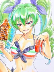 1girl anchovy_(girls_und_panzer) bikini black_ribbon bow bow_bikini breasts can drill_hair flag_print flag_print_bikini food frilled_bikini frills girls_und_panzer green_hair hair_ribbon highres holding holding_can holding_food holding_skewer italian_flag italian_flag_bikini italian_flag_print long_hair looking_at_viewer medium_breasts navel official_alternate_costume open_mouth print_bikini red_eyes ribbon sawamaru30 simple_background skewer smile solo swimsuit teeth twin_drills twintails twitter_username upper_teeth_only white_background