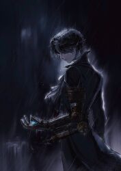 1boy ascot black_hair blue_coat blurry blurry_background closed_mouth coat commentary english_commentary from_side highres huanyan420112 lies_of_p male_focus mechanical_arms pinocchio_(lies_of_p) prosthesis prosthetic_arm rain short_hair single_mechanical_arm solo standing white_ascot