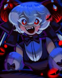 1girl artist_request black_bow black_bowtie black_dress bow bowtie candy_apple candy_apple_cookie candy_apple_hair_ornament commentary_request cookie_run cookie_run:_kingdom dress food humanization looking_at_viewer non-web_source open_mouth puffy_sleeves red_eyes short_hair simple_background smile source_request white_hair