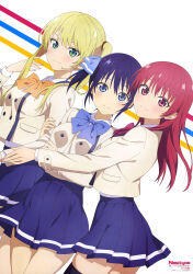 3girls aquastar_inc. arm_hug black_thighhighs blazer blonde_hair blue_bow blue_bowtie blue_eyes blue_hair blue_ribbon blue_skirt blush bow bowtie breasts collared_shirt dot_nose female_focus green_eyes hair_ribbon highres hoshizaki_rika_(kanojo_mo_kanojo) hug hug_from_side jacket kanojo_mo_kanojo kneehighs long_hair long_sleeves looking_at_viewer magazine_scan medium_breasts minase_nagisa miniskirt multiple_girls newtype official_art orange_bow orange_bowtie pleated_skirt red_bow red_bowtie red_eyes red_hair ribbon saki_saki_(kanojo_mo_kanojo) scan school_uniform shirt short_hair side_ponytail skirt smile socks thighhighs thighs twintails white_jacket zettai_ryouiki