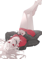 absurdres bare_legs black_jacket dress genderswap genderswap_(mtf) highres jacket kuzuha_(nijisanji) long_hair lying nijisanji nijisanji_gamers on_back open_clothes open_jacket red_eyes urara_(sia8artchu) virtual_youtuber