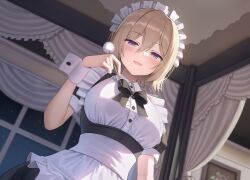 Rule 34 | 1girl, absurdres, apron, black dress, blonde hair, blurry, bow, bowtie, breasts, buttons, collared dress, depth of field, dress, hand up, highres, holding, looking at viewer, maid, maid apron, maid headdress, medium breasts, mimikaki, open mouth, original, purple thighhighs, short hair, short sleeves, smile, solo, superpig, thighhighs, upper body, wrist cuffs