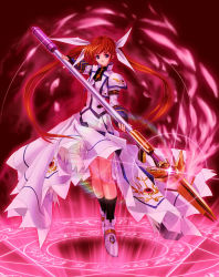 Rule 34 | 00s, 1girl, bad id, bad pixiv id, black socks, brown hair, cyk, female focus, full body, glint, highres, kneehighs, lance, looking at viewer, lyrical nanoha, magic circle, magical girl, mahou shoujo lyrical nanoha, mahou shoujo lyrical nanoha strikers, octagram, polearm, raising heart, raising heart (exceed mode), rod, socks, solo, standing, standing on magic circle, takamachi nanoha, takamachi nanoha (exceed mode), tom (1art.), twintails, weapon